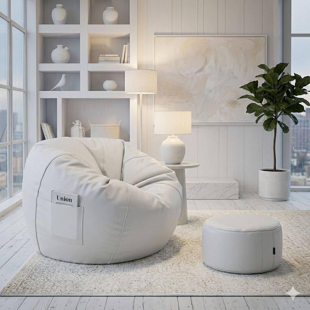 Leather bean bag - White with free footstool