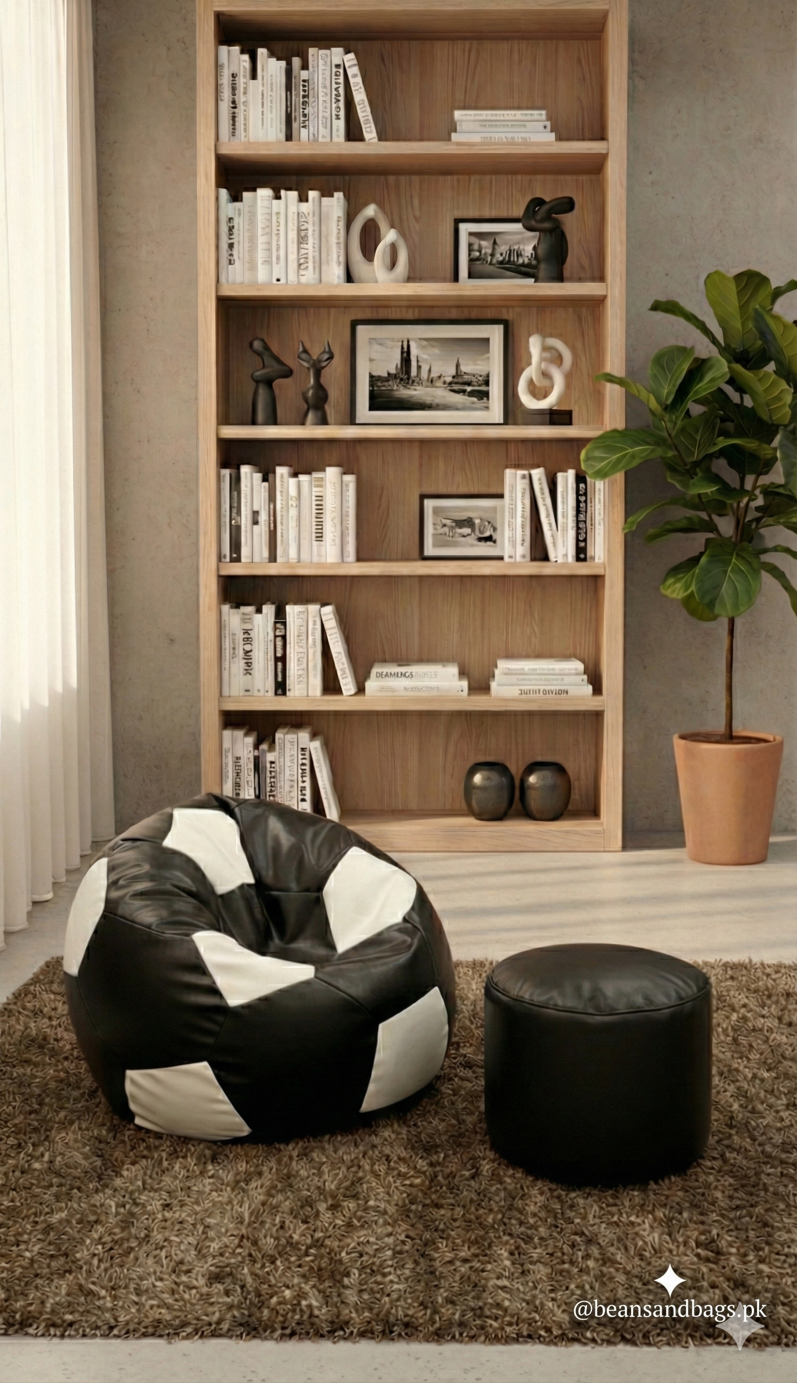 Black Leather Bean Bag football (Single set of One Bean bag and footrest)