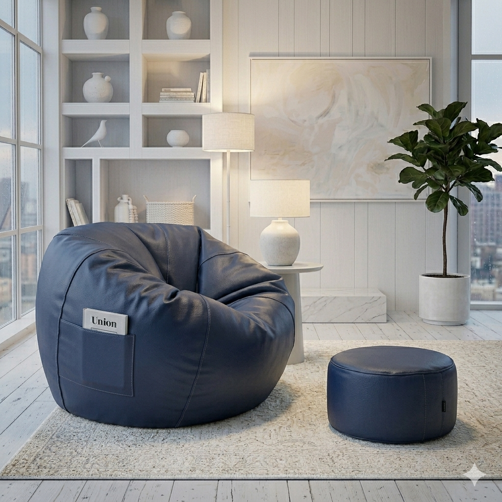 Leather bean bag - Navy Blue with free footstool