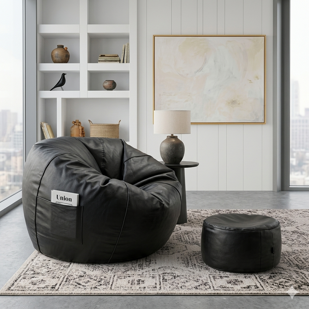 Leather bean bag black with free footstool