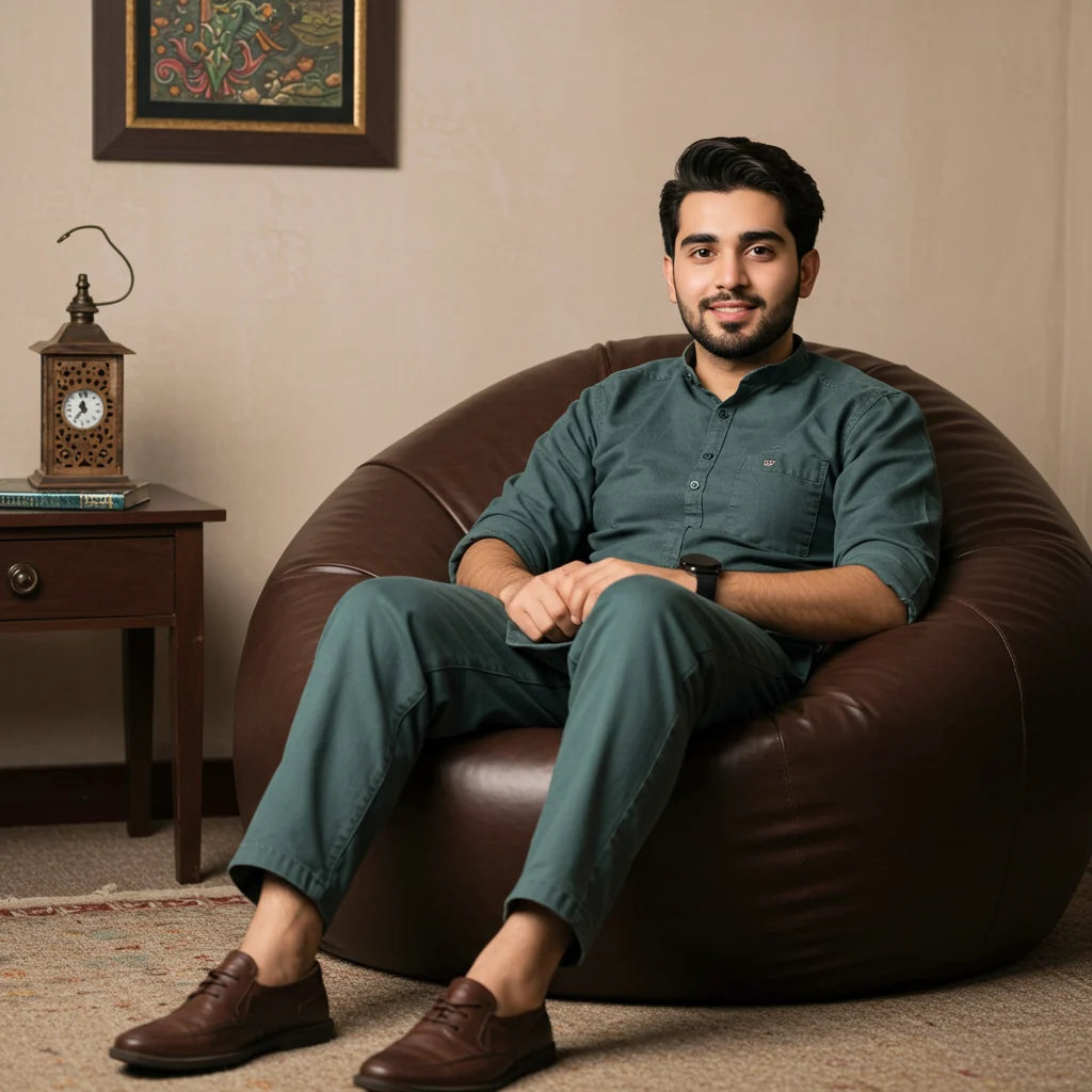 Leather bean bag - Dark brown with free footstool