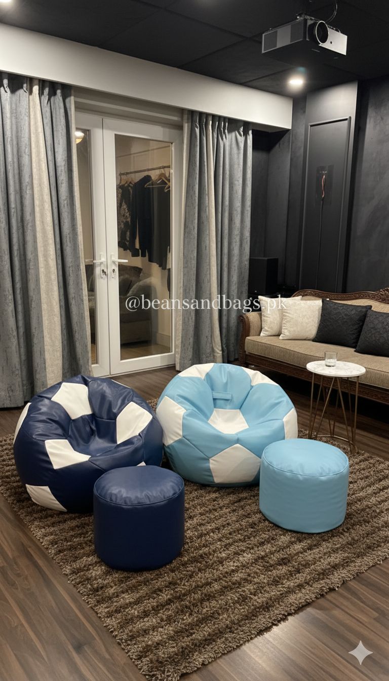 Football Leather Bean Bag (Single set of One Bean bag and footrest) Light Blue