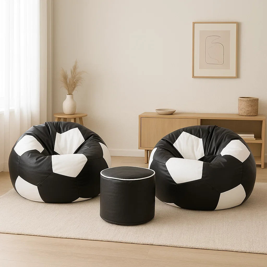 Set of two Black and white Football Beanbags (free footstool included)