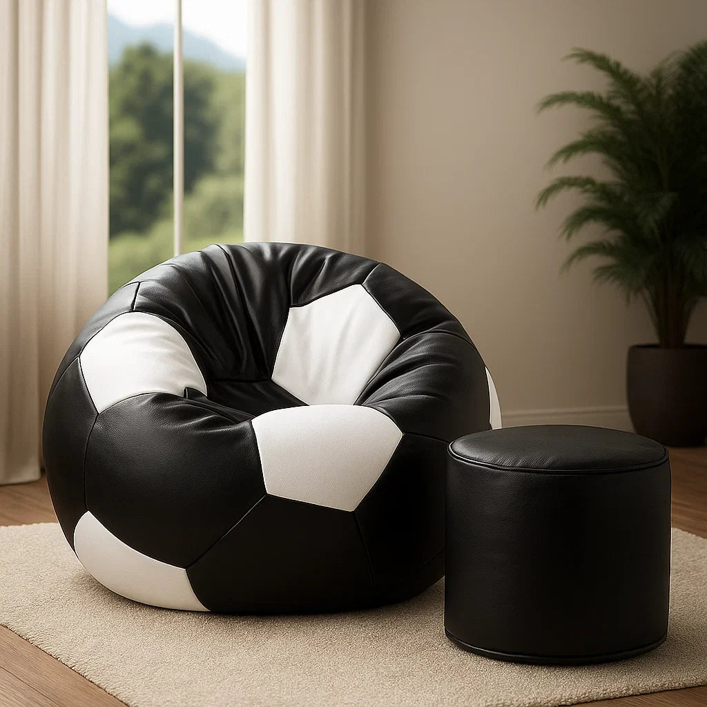 Black and white football leather bean bag with free footstool