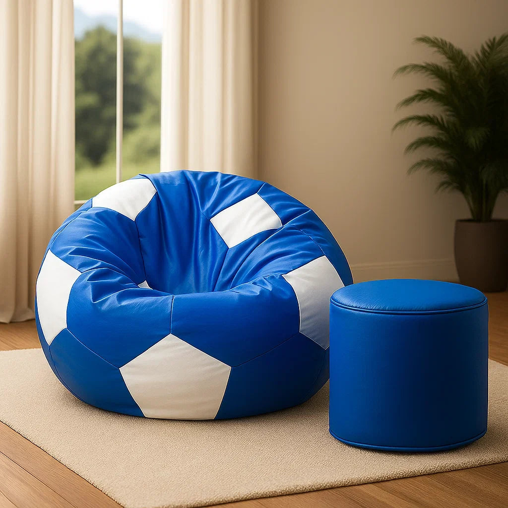 Football Leather Bean Bag (Single set of One Bean bag and footrest) Navy, Light blue and Black