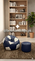 Football Leather Bean Bag (Single set of One Bean bag and footrest) Navy, Light blue and Black